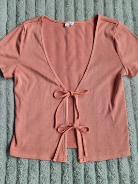 Aritzia Wilfred Coral Pink Ribbed Front Ribbon Tie Top Sz S
